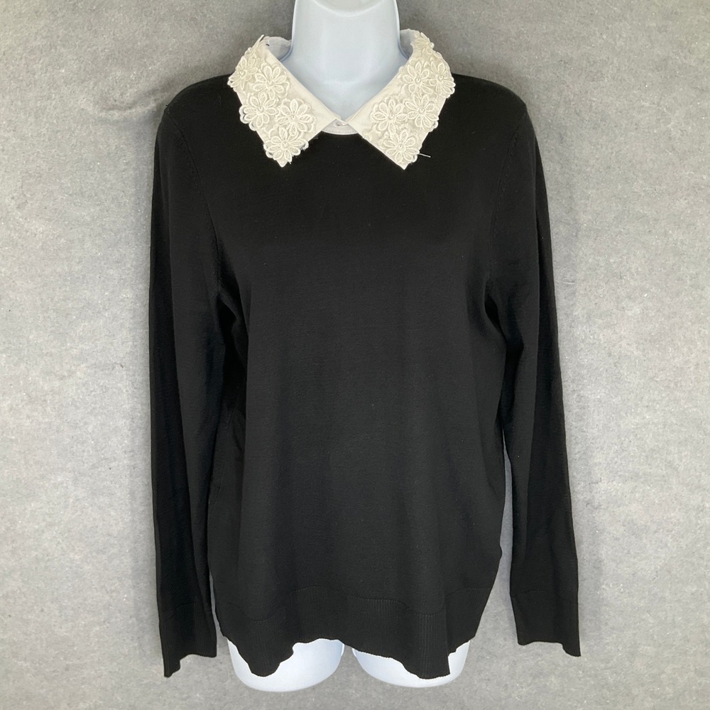 Cable &‎ Gauge Black Sweater Lace Collar Embellished Pearls Sz S Pullover
